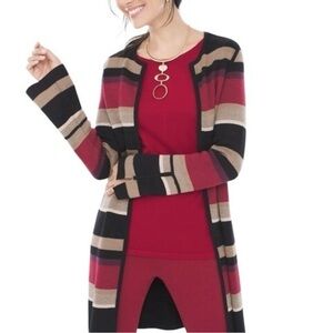 Chico’s Cardigan Reversible Striped Black Burgundy Multi Open Front NWT SP